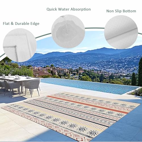 Outdoor Rug 6x9ft, Boho Stripe Retro Ethnic Style Indoor Area Rug for Patio Floor Mat, Indian Sketch Sun Art Abstract Line Non-Slip Outside Carpet Balcony Porch Camping Rugs Picnic Mat - size: 6' x 9' (Rectangular)