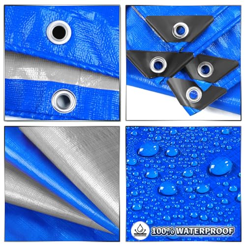 Tarp 6x8 Feet 2Pack, 7 Mil Thick Waterproof Poly Tarps Cover UV Resistant, Rip & Tear Proof with Metal Grommets Every 20 Inche (Blue/Silver) - color: Blue/Silver, size: 6x8 Ft-2pack