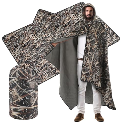 55" x 95" Waterproof Woobie Camo Blanket for Hunting Extra Outdoor Stadium Blankets Sherpa Lining with Hood and Storage Pocket for Deer Duck Hunting Gear Blind Accessories(Waterfowl Grass Camo) - style: Waterfowl Grass Camo
