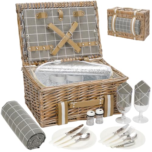 Wicker Picnic Basket for 2 - Willow Basket with Waterproof Picnic Blanket | Willow Picnic Set with Insulated Cooler | Wicker Hamper with Cutlery Kit | Gift Basket for Christmas, Thanks Giving, Grey - color: Grey Check