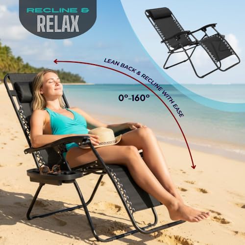 Zero Gravity Lounge Chair Adjustable Outdoor Reclining Chair Folding Patio Anti-Gravity Indoor Outdoor Lounge Chair w/Pillow, Cup Holder (One Chair - Black) - color: One Chair - Black