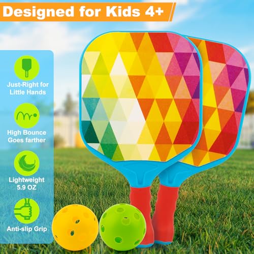 Outdoor Toys for Kids Pickleball Paddles - Outside Beach Yard Games Toy for Kid Ages 4-5-6-7-8-12 Year Old Boys & Girls Gifts, Balls Set of 2, Lightweight & Durable Grip for Small Hands, Beginner - color: Multicoloured