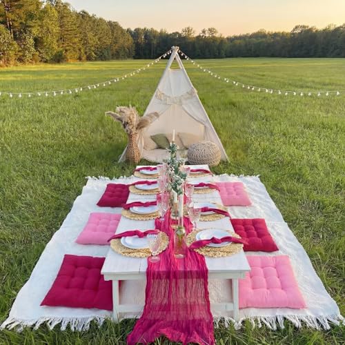 Extra Large Outdoor Picnic Blanket with Table Runner and Floor Pillow Cushion for Picnic Wedding Birthday Baby Shower Backyard Decor(91 x 71'',Rose Red,8 Pcs) - color: Rose Red