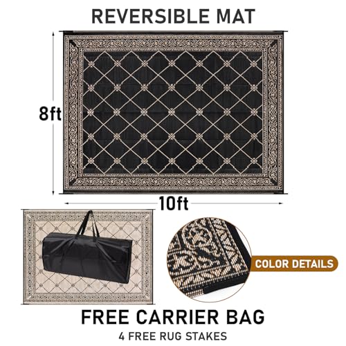 Outdoor Rug 8'x10' for Patios Waterproof Patio Rugs Outdoor Mats for Front Porch,Beach Mat,Reversible Plastic Straw Camping Rugs for Outside RV,Deck,Balcony,Backyard，Black&Beige - color: Black&beige&orange, size: 8' x 10'