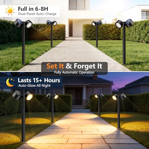 24 Inch Tall Solar Pathway Lights Outdoor, 2X Brighter & 150° Adjustable Dual-Head, IP65 Waterproof, Up to 15Hrs Auto On/Off Solar Landscape Path Lights for Yard Garden Driveway, 4 Pack - size: 4 Pack