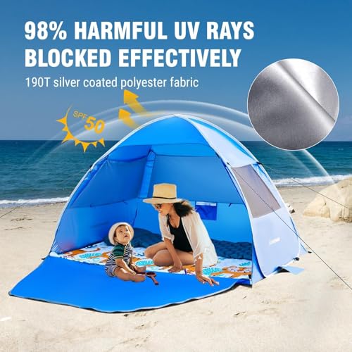 EchoSmile Pop Up Tent for 4 Person Family, Beach Tent Sun Shelter with UPF 50+ UV Protection & Waterproof, Lightweight & Easy Automatic Setup Portable Cabana for Outdoor Travel (Dark Blue) - color: Dark Blue