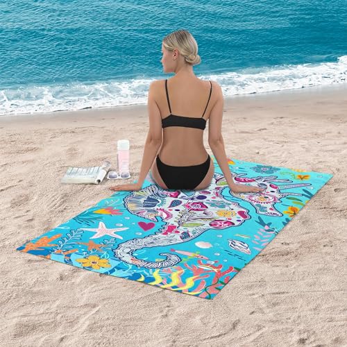 Bonsai Tree Seahorse Beach Towel, Blue Microfiber Bath Towel for Women, Sand Free Quick Dry Travel Towels Seahorse Gifts for Women Yoga Sports Adults 30" X 60" - color: Seahorse, size: 30"x60"