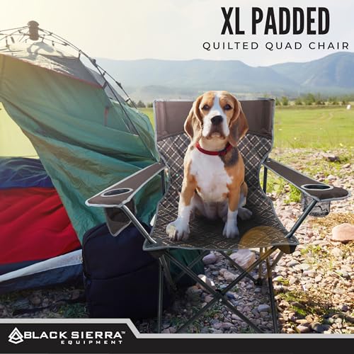 Black Sierra Quilted Padded Camping Chair, Oversized Heavy Duty Outdoor Lounge Seat Supports 300 lbs, Portable, Folding with Cup Holder for Beach, Tailgating, Sports, Patio - color: Brown Plaid