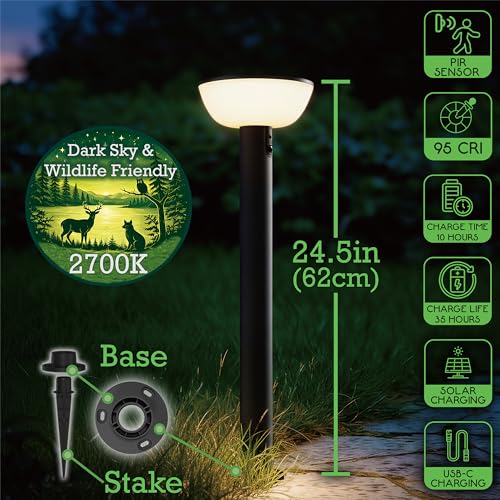 Basin Series - 24.5" Solar Pathway Lights - Walkway Lights for Outside - PIR Sensor & Three Lighting Modes - Rechargeable Battery Lasts Up to 35 Hours - 2700K - Dark Sky Friendly - 2 Pack - size: 2 Pack Pathway Lights