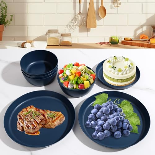 EI 12pcs Dark Blue Wheat Straw Dinnerware Set,Wheat Straw Plates,Plastic Plates Reusable,Plate and Bowls Sets,Unbreakable Plastic Plate for Dinner, Camping,Picnic - color: Dark Blue Wheat Straw Plates and Bowls