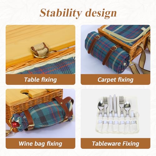 Picnic Basket for 4 with Folding Table, Large Wicker Picnic Basket Set with Waterproof Blanket and Wine Pouch, Insulated Willow Hamper with Cutlery Kit for Camping, Couples, Wedding Gift - color: Green Plaid