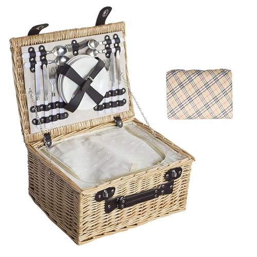 Wicker Picnic Basket for 2, Complete Picnic Set with Insulated Cooler Bag, Waterproof Picnic Blanket, Cutlery Set, Wine Glasses & More – Ideal for Outdoor Dining(4 Person Picnic Basket+Picnic Blanket) - color: 4 Person Picnic Basket+picnic Blanket