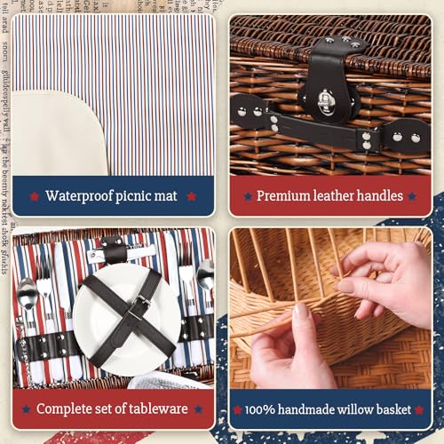 Wicker Picnic Basket for 2 with Waterproof Picnic Blanket and Insulated Bag Classic Red, White and Blue Stripes for Soccer Game, Camping, Travel, Birthday Gift, Wedding Gift - color: Retro Red White and Blue Stripes