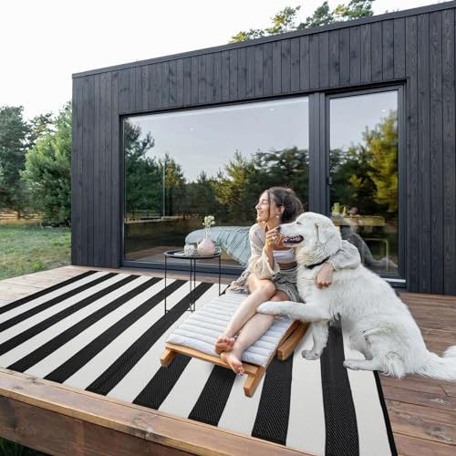 Outdoor Rug 8 x 10 ft, Reversible Plastic Straw Rug for Patio, Waterproof Large Outdoor Carpet for RV, Patio, Camping, Backyard, Deck, Picnic, Beach, Black & White - color: Black/White, size: 8'x10'