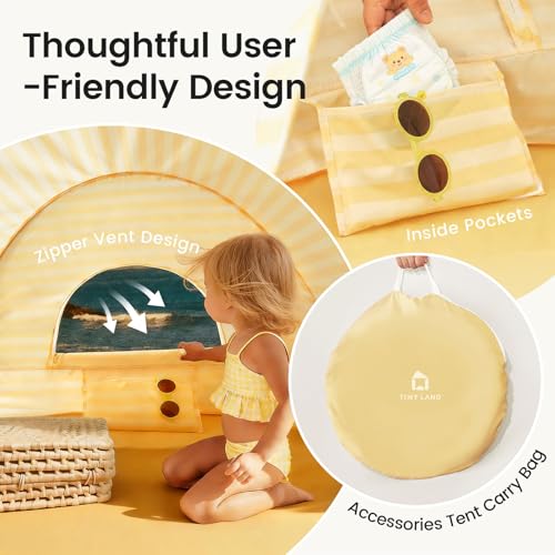 Tiny Land Baby Beach Tent – Pop Up Baby Tent with UV Protection, Portable Baby Beach Essentials, 35.4"x27.6"x31.5" Sun Shelter for Infants, Baby Summer Outdoor Use (Pastel Yellow Stripes) - color: Pastel Yellow Stripes