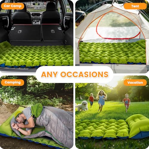Camping Sleeping Pad, 4in Thick Ultralight Inflatable Camping Mat with Pillow, Built-in Foot Pump Sleeping Mat, Wide Compact Camping Pad for Travel Tent Hiking Backpacking Trip Car Camp Gear - color: Green+blue