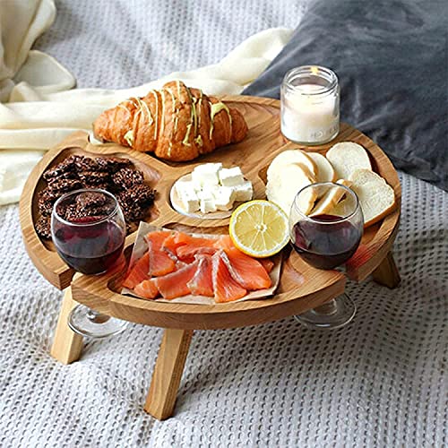 Wooden Folding Picnic Table with Wine Glass Holder - Portable Creative 2 in 1 Wine Glass Rack & Compartmental Dish for Cheese and Fruit for Outdoor, 11.81D x 11.81W x 6.29H in