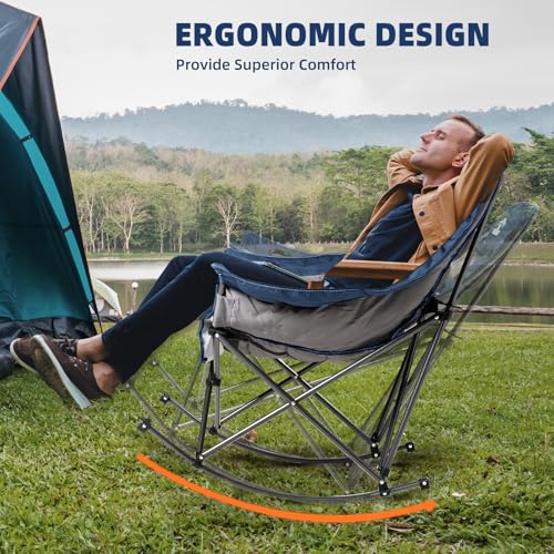 Oversized Rocking Camping Chair for Adults - 400lbs Capacity Padded Camp Chair with Cup Holder, Portable Foldable Outdoor Rocker Chair for Camping, Backyard, Patio (Blue & Gray) - color: Blue & Gray, size: 1 PCS