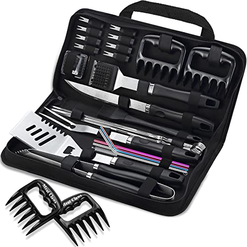 ROMANTICIST 27pcs Heavy Duty Grilling Gifts for Men Dad Fathers Day, Extra Thick BBQ Accessories Tools Set, Stainless Steel Grill Utensils Kit with Meat Claws, Canvas Bag for Outdoor Camping Black - color: Black2