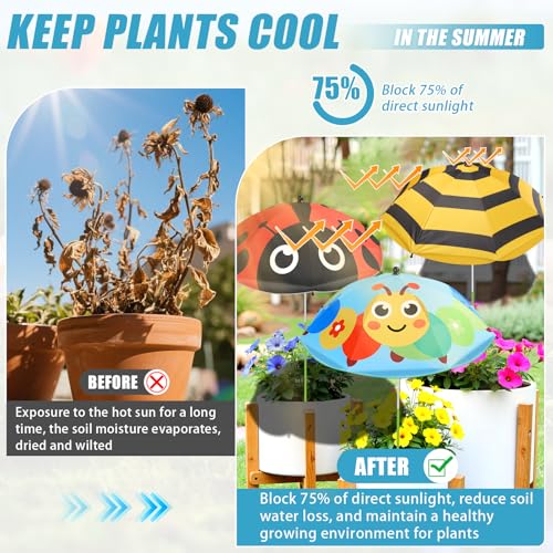 Axcoix 4 Pack Upgraded Plant Umbrellas for Outdoor Plants, 26" Larger Garden Plant Umbrella Shade with Adjustable Angle, 43.4" Higher Sun Shade with Animal Prints for Plants, Potted Plant, Garden Beds - color: 4 Pack-1Red 1Yellow 1Blue 1Green