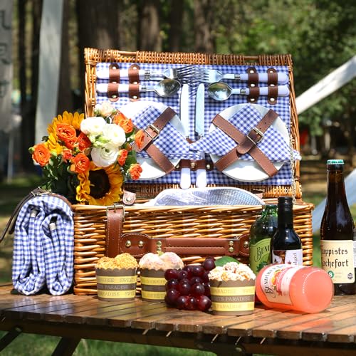 Neti Neti Wicker Picnic Basket for 4 with Insulated Cooler & Waterproof Blanket – Large Willow Picnic Hamper for Outdoor, Camping, Beach, Romantic Dates, Valentine’s Day - color: Blue Plaid
