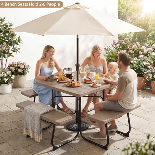 Giantex Picnic Table Bench Set for 8 Persons, Square Outdoor Table and Bench with Umbrella Hole, HDPE Top & Metal Frame, 2000LBS Capacity, Patio Table Set for Deck Yard Garden, Coral Reef - color: Coral Reef, size: Square-35"x35"x30"