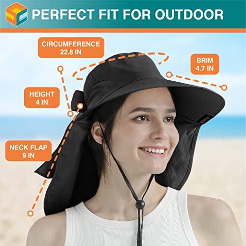 SUN CUBE Wide Brim Sun Hat with Neck Flap, UPF50+ Hiking Safari Fishing Hat for Men Women, Sun Protection Beach Hat - color: Black With Bow