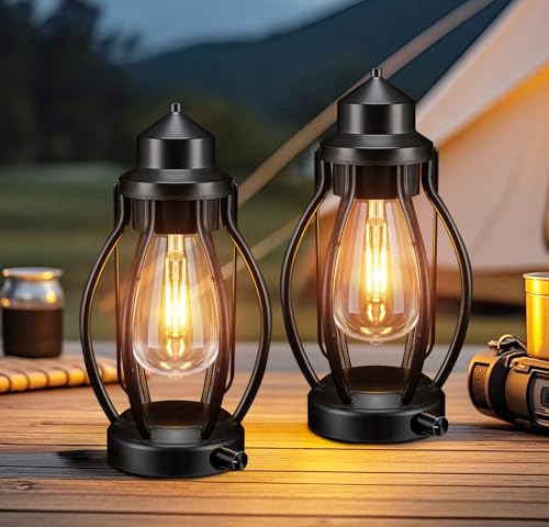 Rechargeable Outdoor Camping Lanterns 2Pack, Vintage Dimmable Hanging Outdoor Lanterns with Timer, Waterproof Battey Powered Indoor Table Lamps for Patio, Garden, Porch Decorations - style: A