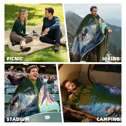 Outdoor Camping Blanket with Sherpa Lining, Extra Warm Thick Camp Blankets and Puffy Ultralight Soft Poncho DWR Camping Quilt for Cold Weather, Adventure, Sleeping, Backpacking 78"x 56" - color: Purple Deer Language, size: 78 x 56 inches