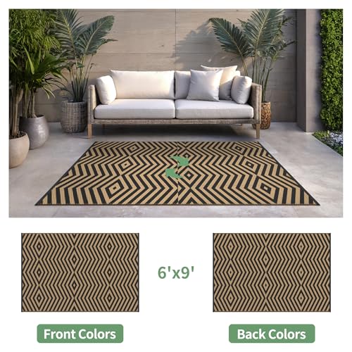 GENIMO Outdoor Rug for Patio Clearance, 6'x9' Reversible Plastic Straw Rugs, Lightweight Waterproof Modern RV Camping Mat for Camper, Balcony, Deck, Backyard, Picnic, Black Brown - color: Black&brown-x, size: 6' x 9' (Rectangular)