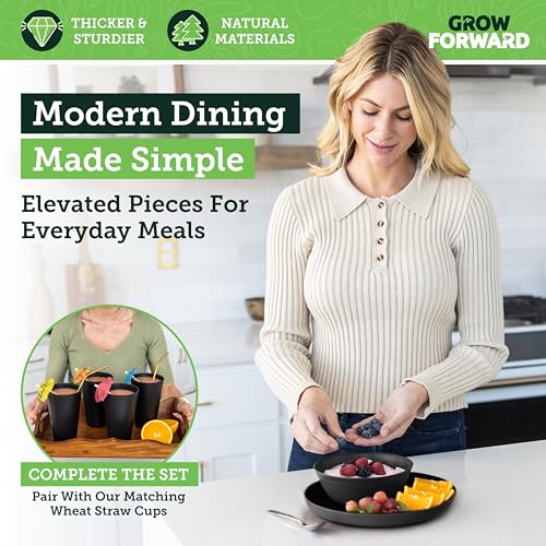 Grow Forward Premium Wheat Straw Plates and Bowls Sets - 8-Piece Wheat Straw Dinnerware Sets - Unbreakable & Reusable Microwave Safe Plastic Dinner Plates for Outdoors, RV, Camping Dishes - Midnight - color: Midnight Black