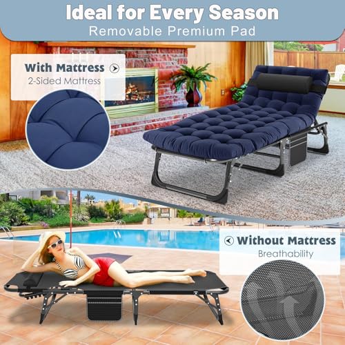 Slsy Sleeping Cots for Adults, 5-Position Folding Chaise Lounge Chairs Outdoor, Portable Folding Bed Cot Lounge Chair for Beach Lawn Camping Pool Sun Tanning - color: Indigo