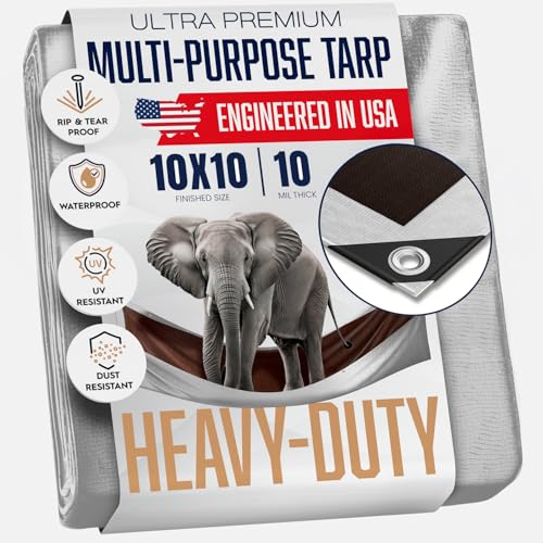 10x10 Heavy Duty Tarp, Waterproof, 10 Mil Thick, High Durability, Tear & Fade Resistant, UV Treated, Grommets Every 18 Inches (10' x '10') - size: 10x10