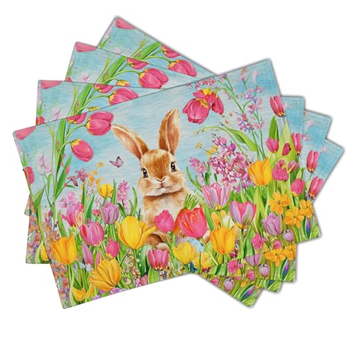 Easter Bunny Placemats Set of 4, 12x18 Inch Colorful Painting Tulip Flowers Rabbit Place Mat Heat Resistant Washable Rectangle Dining Table Mat Farmhouse Kitchen Holiday Decor - color: Bunny Tulip Flowers