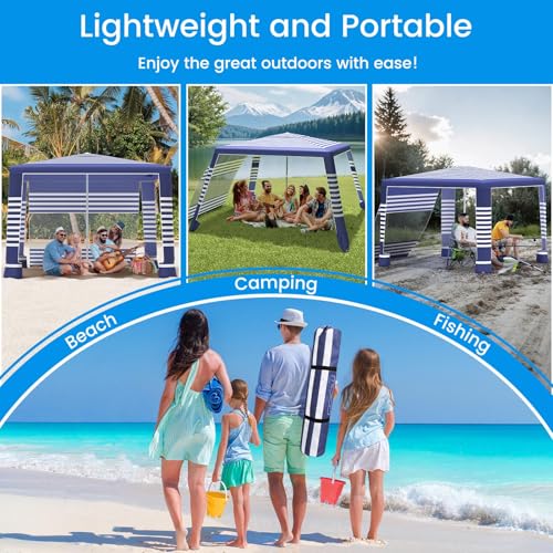 MoKo Beach Cabana, 8'×8' Large Beach Canopy with Side Wall, UPF 50+ Protection Easy Setup Beach Tent Sun Shelter, Adjustable Height Wind Resistant Cabana Beach Tent for Whole Family, Navy Stripes - color: Navy Stripes