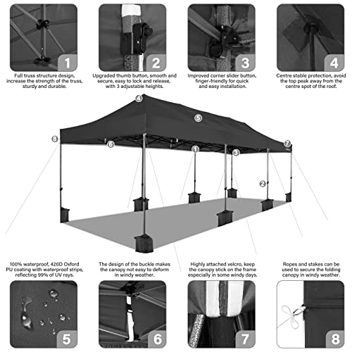 COBIZI 10x30 Heavy Duty Pop Up Canopy Tent with 8 Sidewalls Thicken Frame, Commercial Easy Up Outdoor Wedding Party Tents, All Season Waterproof Windproof with Stakes Sandbags Ropes Roller Bag, Black - color: Black, size: 10x30