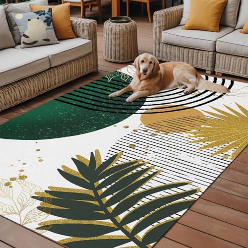 Outdoor Area Rug for Patio, Sun Arch Stripe Abstract Leaves Camping Rugs Indoor Large Floor Mat 4x6ft, Color Block Boho Style Outside Carpet for Deck RV Picnic Porch Backyard Bedroom - color: Green, size: 4' x 6' (Rectangular)