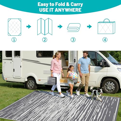 HEBE Outdoor Rug 8'x10' for Patios Clearance, Waterproof Reversible Plastic Straw Rug Camping Mat, Indoor Outdoor Area Rugs Carpet for Deck, Porch, RV, Picnic, Balcony - color: Stripe/Grey, size: 8' x 10' (Rectangular)