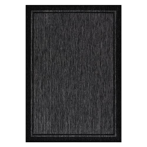 CAMILSON Indoor Outdoor Rug, 9x12 Bordered Dark Grey Black Modern Large Area Rugs for Indoor and Outdoor Patios, Kitchen and Hallway Mats, Washable Porch Deck Outside Carpet (Bordered Black, 9 x 12) - color: Bordered Black, size: 9' x 12' (Rectangular)