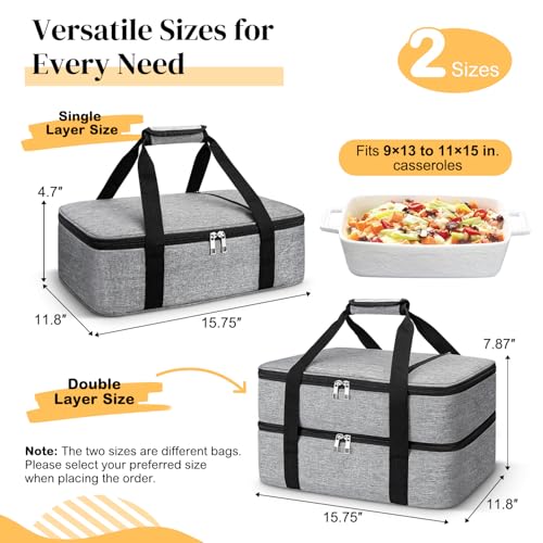 Coobiiya Insulated Casserole Carrier,Lasagna Lugger Tote Keeps Food Hot or Cold,Thermal Lunch Bag Warmer & Cooler Carrier Bag,Portable Tote Bag Fits 9" x 13" Baking Dish for Picnic and Cookout - color: Gray, size: Double Layer: 15.75 × 11.8 × 7.87 in