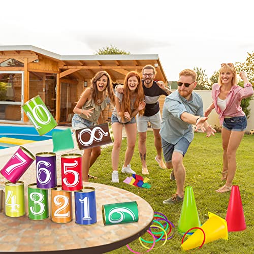 36PCS Carnival Games Combo Set 4 in 1 Bean Bag Toss Can Games Plastic Cone Ring Toss Game for Indoor Outdoor School Field Day Birthday Party Yard Game for Kids Adults