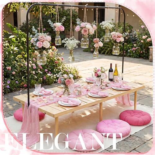 Beeveer 91 x 71'' Extra Large Outdoor Picnic Blanket with Pink Table Runner 6 Napkins and 6 Pink Floor Pillows Cushions for Picnic Party Camping Wedding Bachelorette Birthday Baby Shower Decor - color: Pink