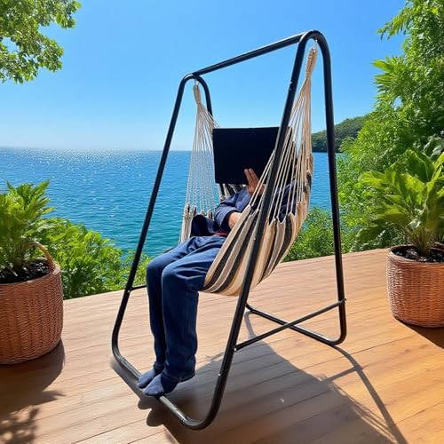 Hammock Chair with Stand,Hammock Chair Stand with Hanging Swing Chair Included,Weather Resistant Hammock Stand Max 450 Lbs,Saving Space Swing Stand for Indoor Outdoor Patio Yard Patented(Coffee)