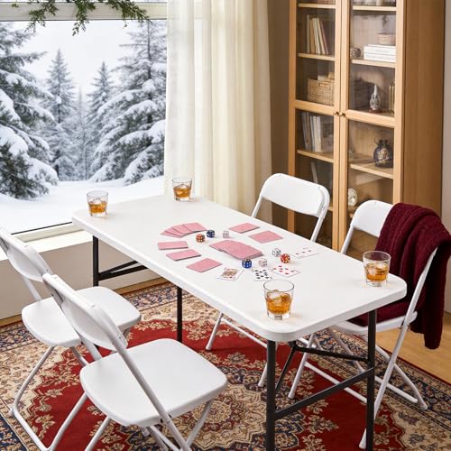 4ft Folding Table, Heavy Duty Plastic Card Table with Foldable Steel Legs, Metal Frame Support up to 400 lb, Portable for Indoor, Outdoor, Picnic, Camping, Dining, Party, White - color: White, size: 4FT