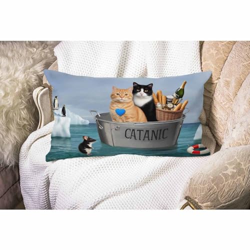 Smooffly Funny Cats hrow Pillow Cover, The Two Brave Cats are Drifting in The Steel Waist Lumbar Cotton Linen Throw Pillow case Cushion Cover for Sofa Home Decorative Oblong 12x20 Inches - color: Swn12