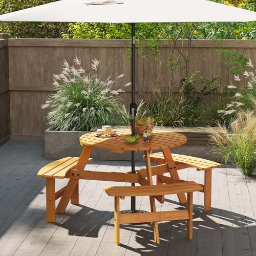 Giantex 6-Person Round Picnic Table Set with 3 Benches, 550 LBS Bench Capacity, 2" Umbrella Hole, Circular Outdoor Wood Dining Table & Chairs for Patio Yard Garden Porch Deck (68”x62”x28”,Yellow) - color: Yellow, size: 68”x62”x28”