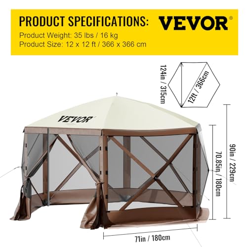 VEVOR 12 * 12ft 6 Sided Pop-up Canopy Shelter Tent with Mesh Windows, Portable Carry Bag, Stakes, Large Shade Tents for Outdoor Camping, Lawn and Backyard, Brown/Beige - color: Brown, size: 12x12 ft