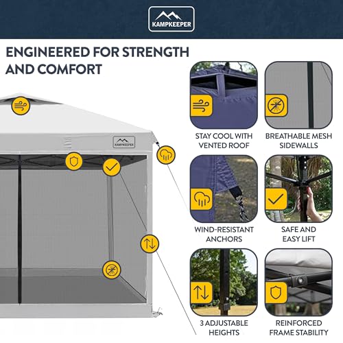 KAMPKEEPER 10x10 Pop-Up Canopy Tent, Waterproof Portable Shade with Screen Walls, Adjustable Instant Outdoor Shelter for Camping, Backyard, and Events, White - color: White
