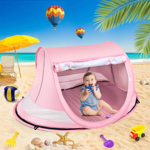 Baby Beach Tent,Large Pop Up Beach Tent Sun Shade for Beach,Portable Baby Travel Tent with Mosquito Net,Indoor Baby Play Tent,UPF 50+ UV Protection Sun Shelters for Infants - style: Pink