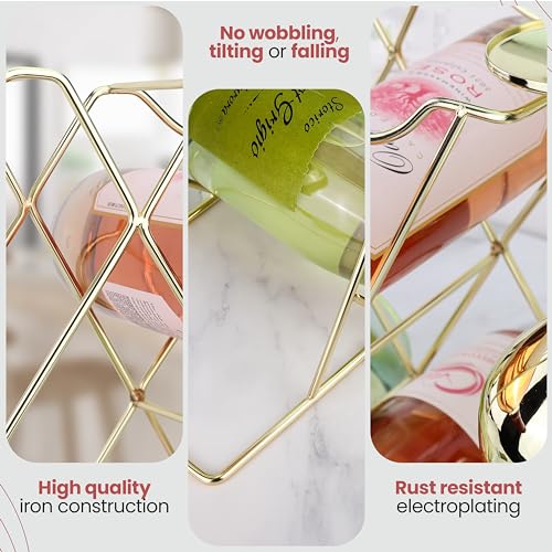 Gusto Nostro Countertop Wine Rack with Glass Holder for 8 Bottles & 4 Glasses - Tabletop Modern Small Wine Rack for Home Kitchen Cabinet Wine Cellar Storage - No Assembly Wine Bottle Holder (Gold) - color: Gold, size: 8 Bottles